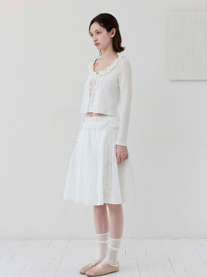 DKZ OFFICIAL White Floral Ruffle Knit Tie Cropped U Neck Two Piece Women&