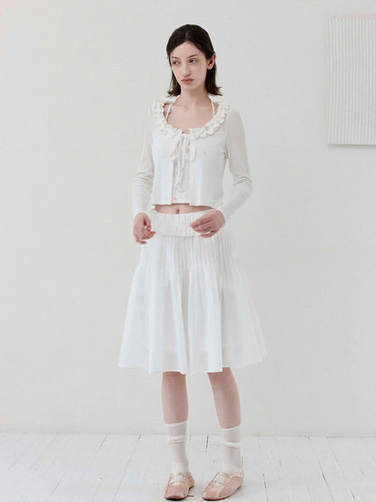 DKZ OFFICIAL White Floral Ruffle Knit Tie Cropped U Neck Two Piece Women&