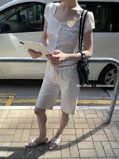 DKZ OFFICIAL White French Square Neck Button Women&