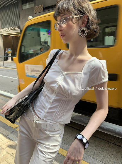DKZ OFFICIAL White French Square Neck Button Women&