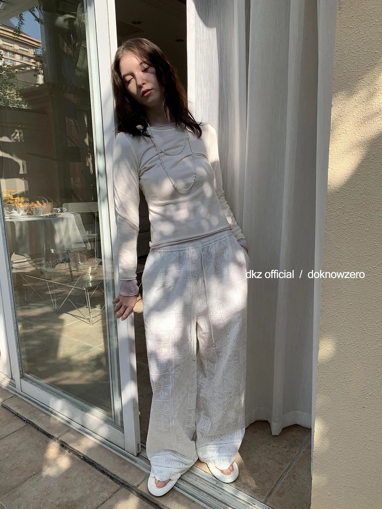 DKZ OFFICIAL White Lace Drawstring Wide Leg Trousers With Lining
