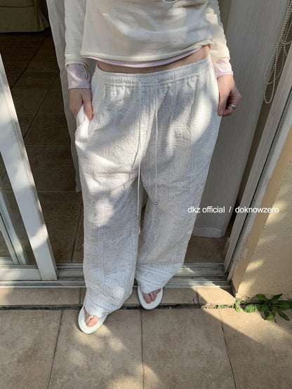 DKZ OFFICIAL White Lace Drawstring Wide Leg Trousers With Lining