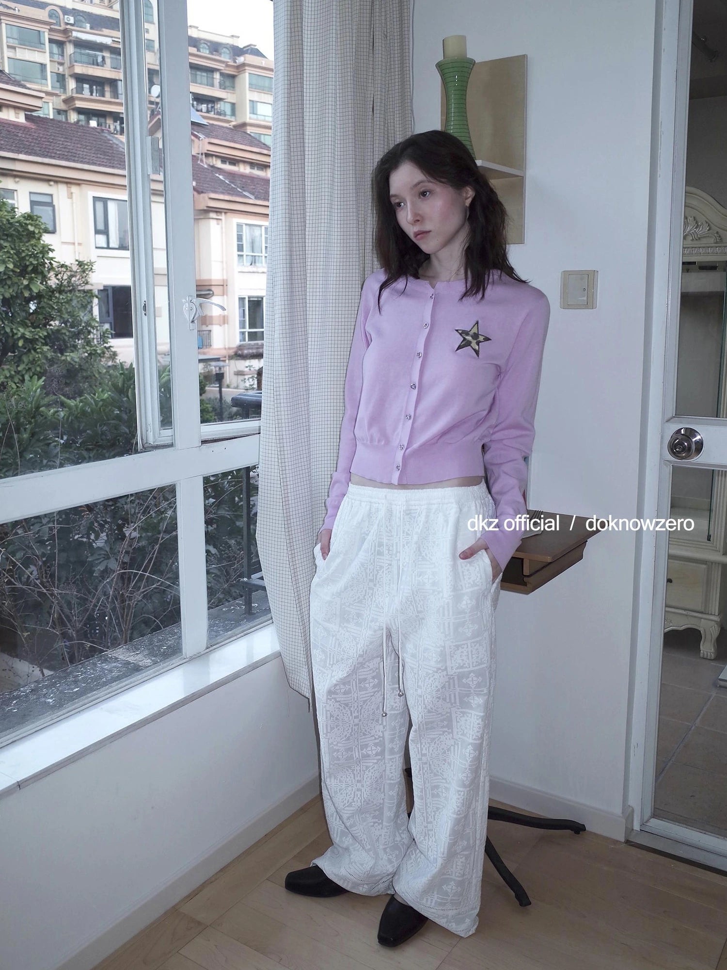 DKZ OFFICIAL White Lace Drawstring Wide Leg Trousers With Lining