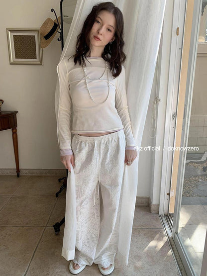 DKZ OFFICIAL White Lace Drawstring Wide Leg Trousers With Lining