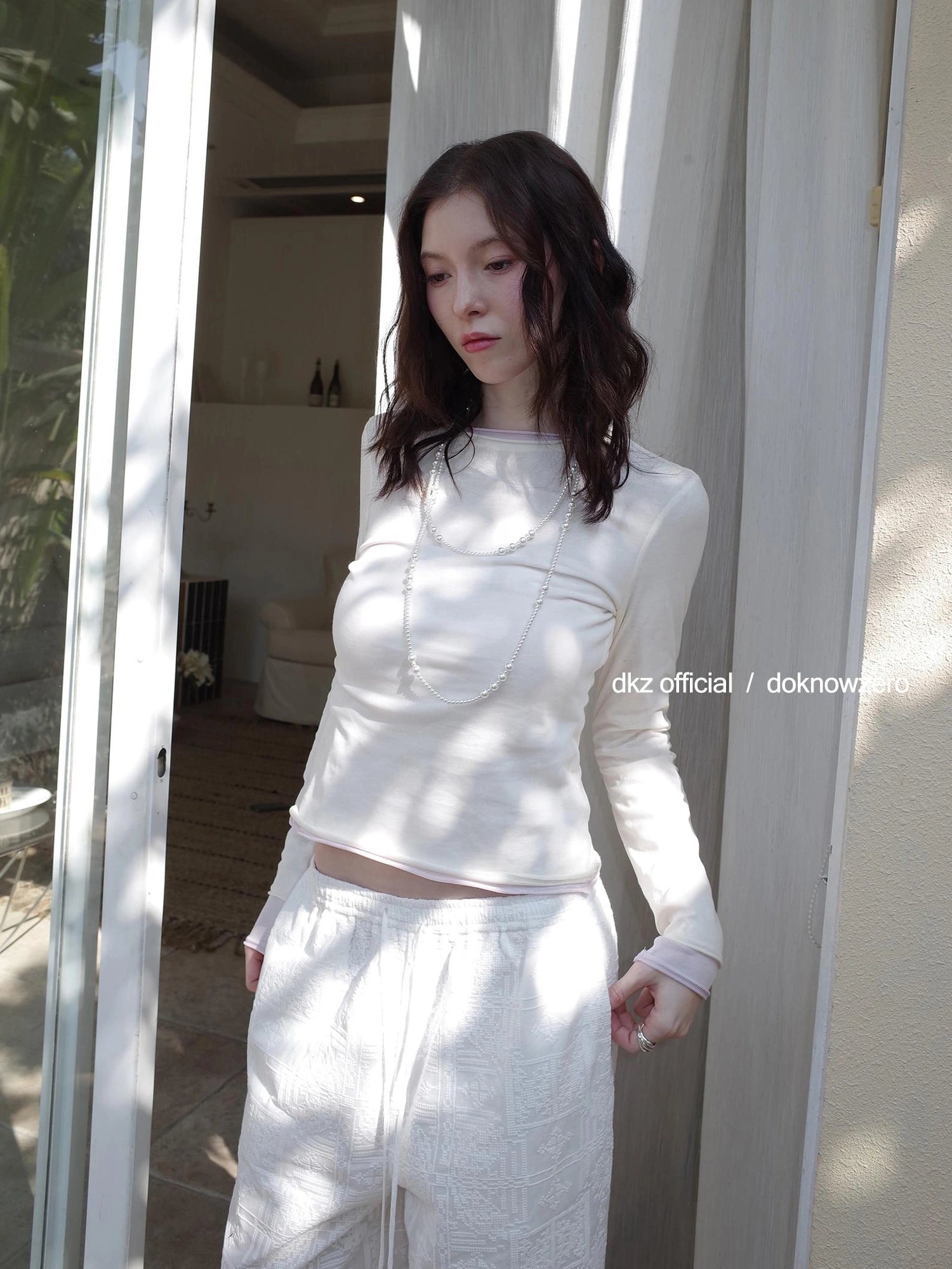 DKZ OFFICIAL White Lace Drawstring Wide Leg Trousers With Lining