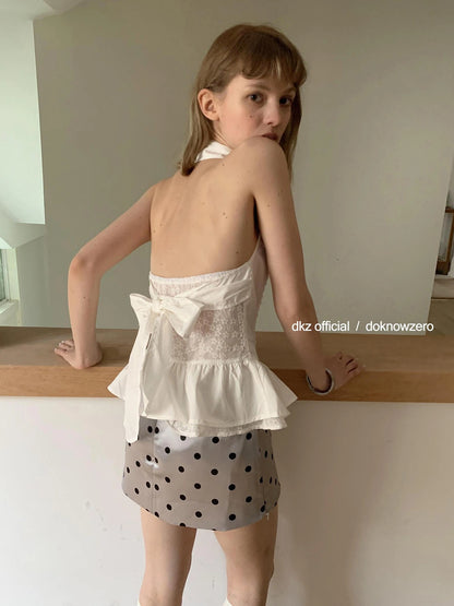 DKZ OFFICIAL White Lace Halter Top With Flounced Hem
