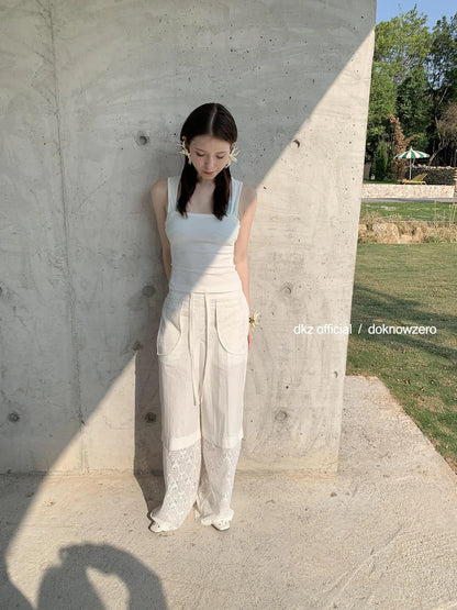 DKZ OFFICIAL White Lace Paneled Casual Pants With Drawstring