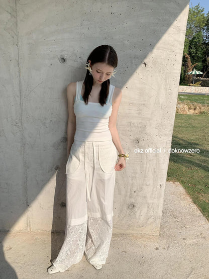 DKZ OFFICIAL White Lace Paneled Casual Pants With Drawstring