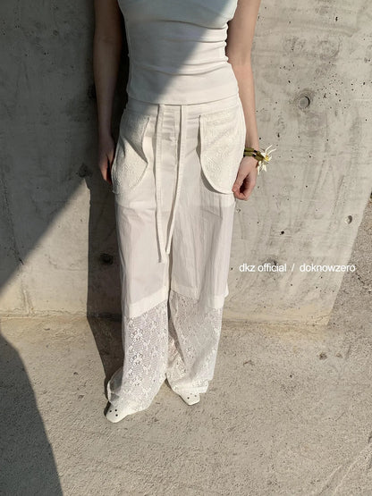 DKZ OFFICIAL White Lace Paneled Casual Pants With Drawstring