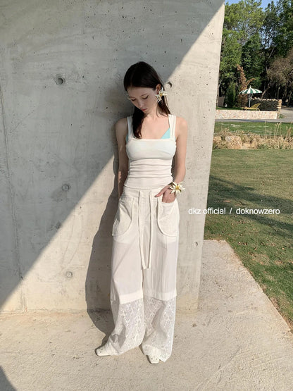 DKZ OFFICIAL White Lace Paneled Casual Pants With Drawstring