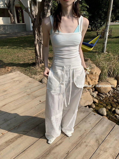 DKZ OFFICIAL White Lace Paneled Casual Pants With Drawstring