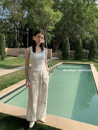 DKZ OFFICIAL White Lace Paneled Casual Pants With Drawstring