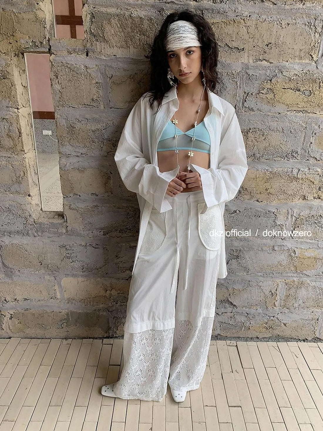 DKZ OFFICIAL White Lace Paneled Casual Pants With Drawstring