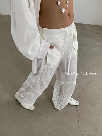 DKZ OFFICIAL White Lace Paneled Casual Pants With Drawstring