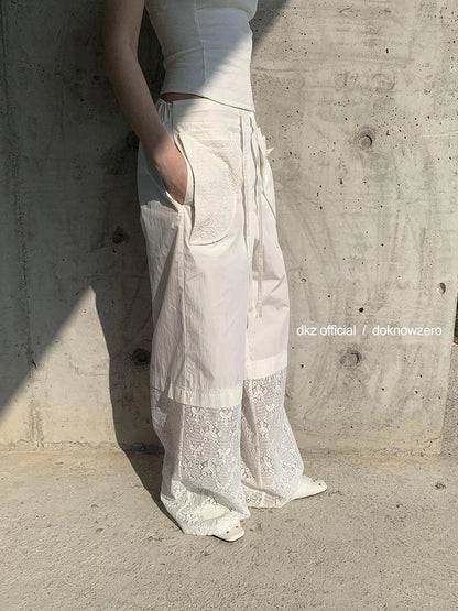DKZ OFFICIAL White Lace Paneled Casual Pants With Drawstring