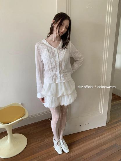DKZ OFFICIAL White Lace Ruffle Trim Pleated Overshirt