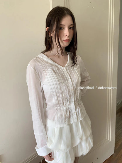 DKZ OFFICIAL White Lace Ruffle Trim Pleated Overshirt