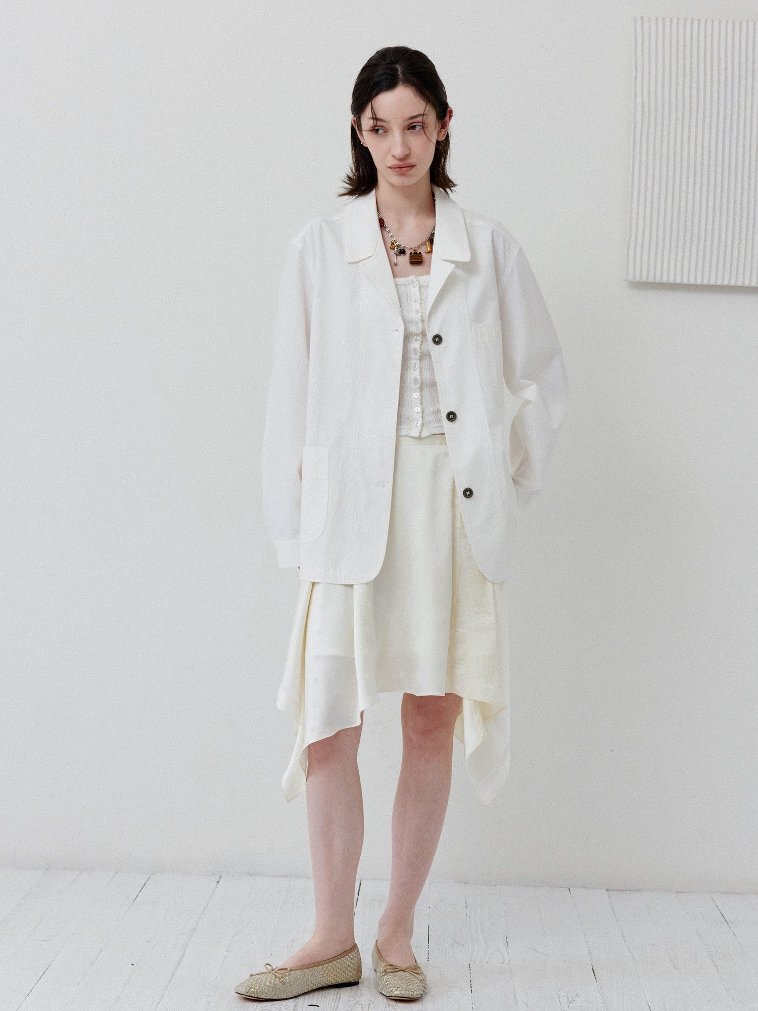 DKZ OFFICIAL White Loose Minimalist Single Breasted Notched Lapel Women&