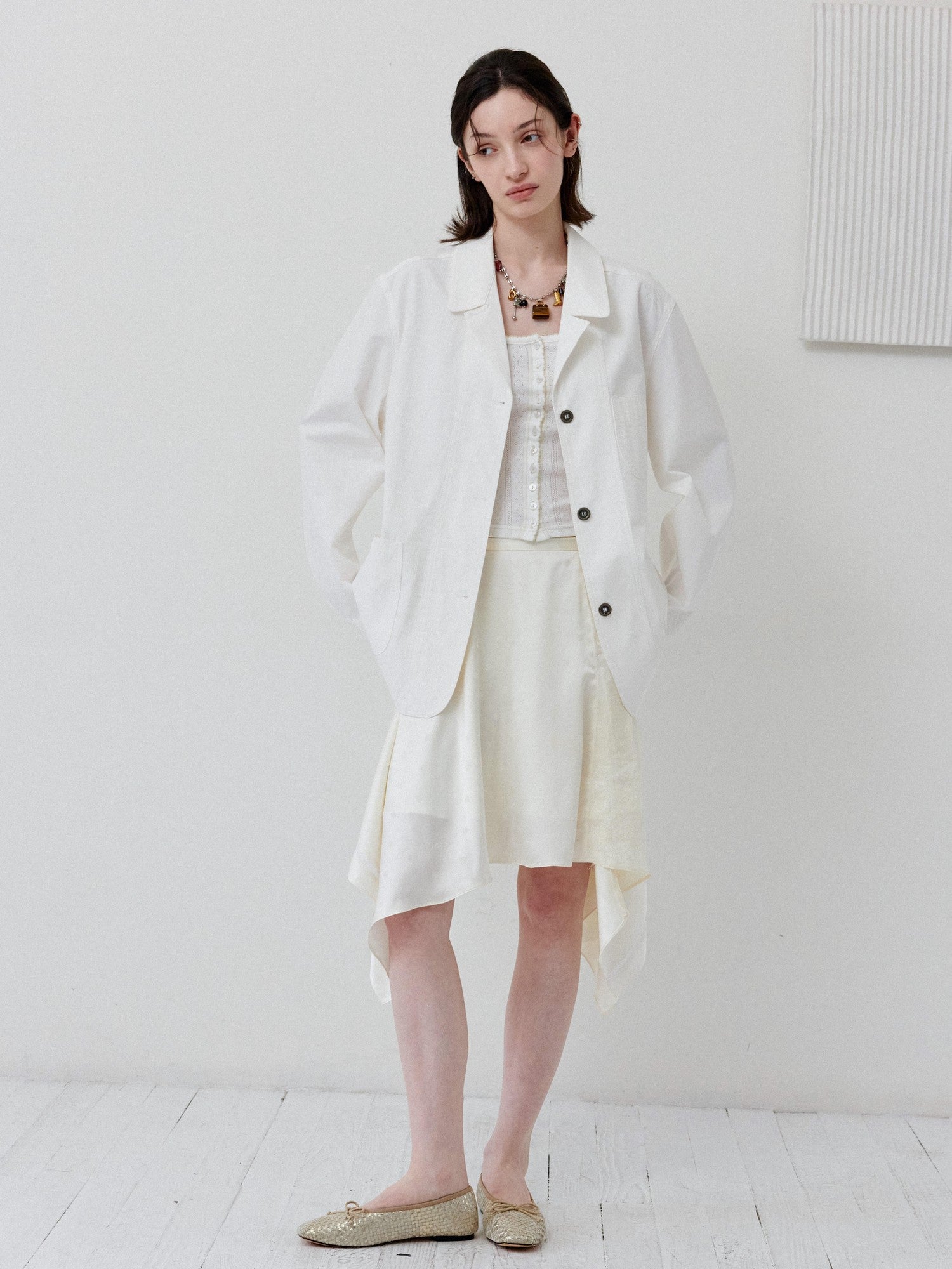 DKZ OFFICIAL White Loose Minimalist Single Breasted Notched Lapel Women&