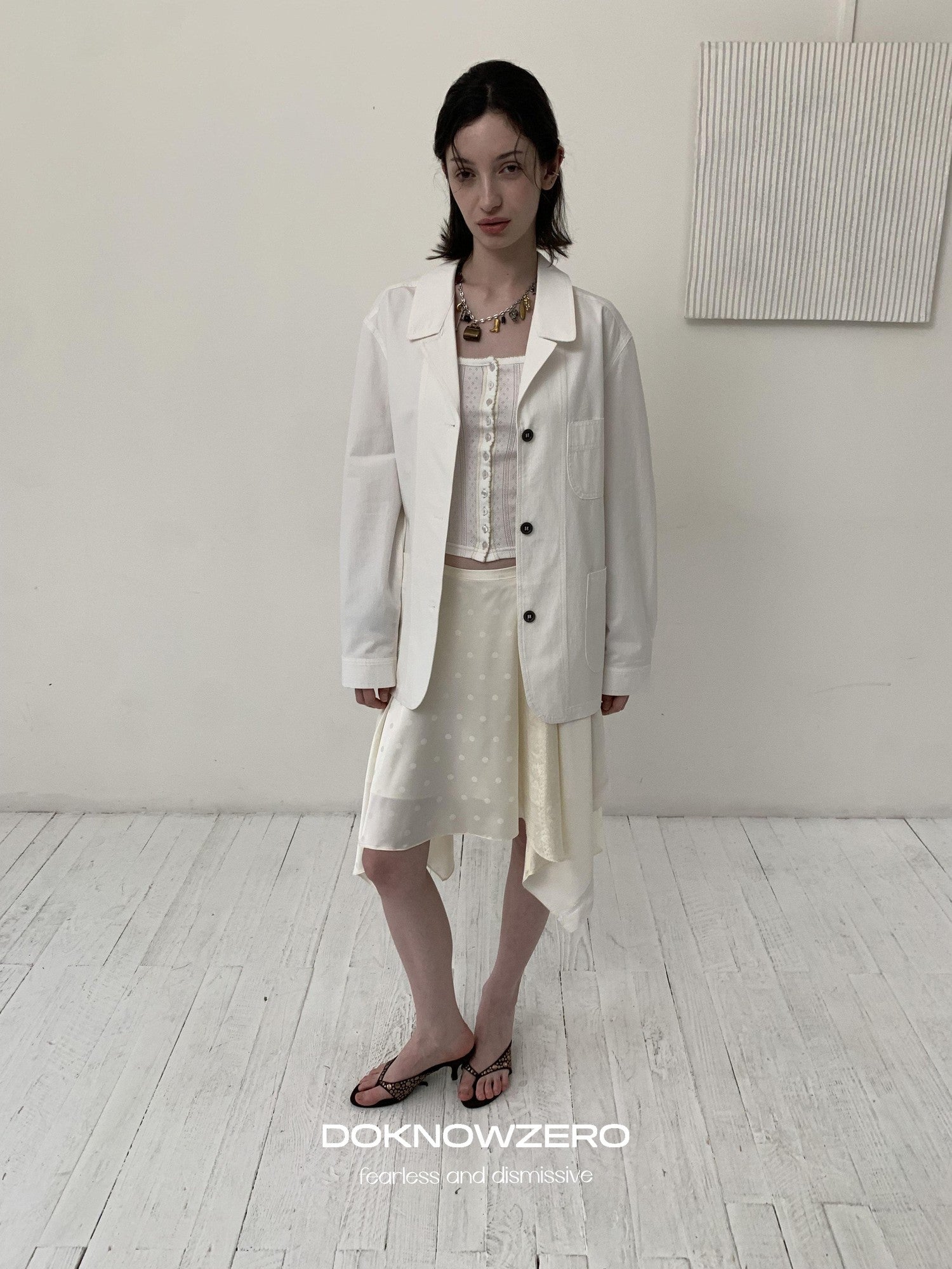 DKZ OFFICIAL White Loose Minimalist Single Breasted Notched Lapel Women&