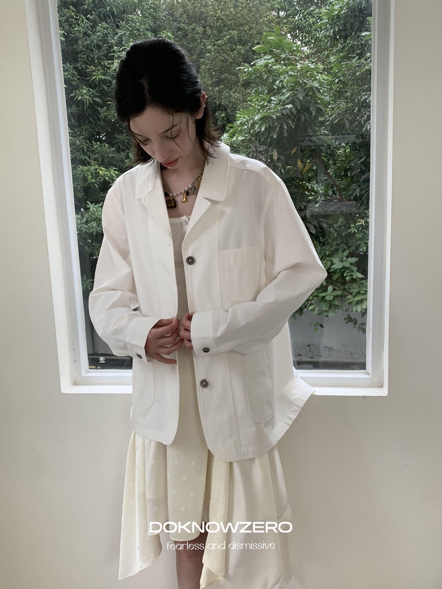 DKZ OFFICIAL White Loose Minimalist Single Breasted Notched Lapel Women&