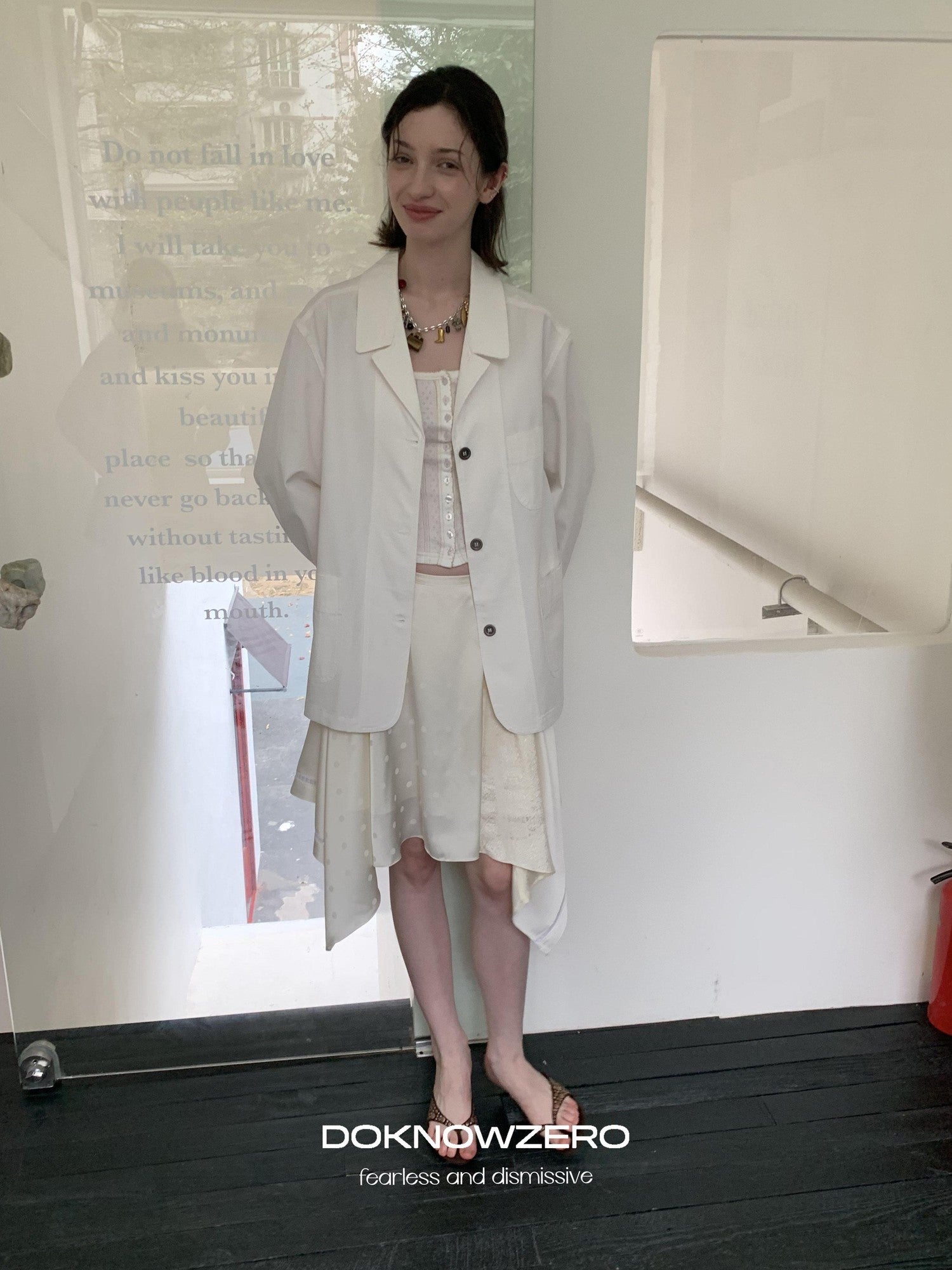 DKZ OFFICIAL White Loose Minimalist Single Breasted Notched Lapel Women&