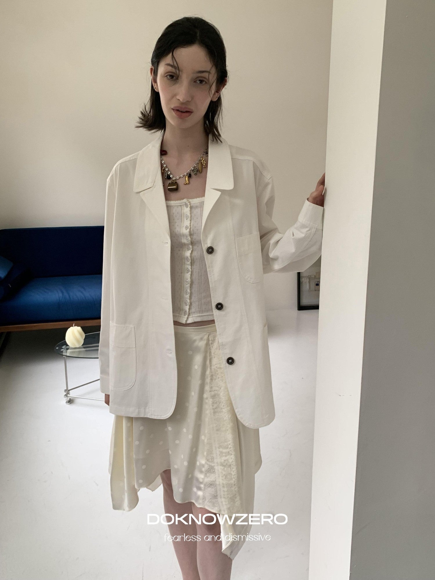 DKZ OFFICIAL White Loose Minimalist Single Breasted Notched Lapel Women&