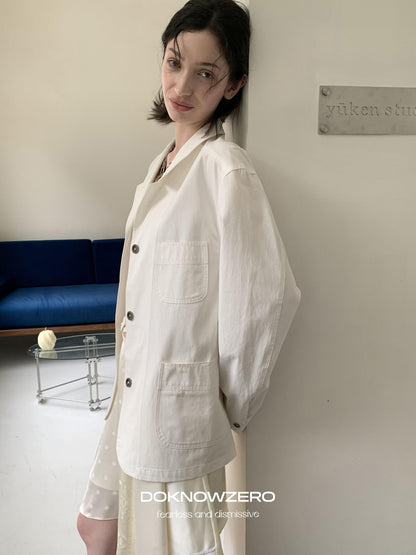 DKZ OFFICIAL White Loose Minimalist Single Breasted Notched Lapel Women&