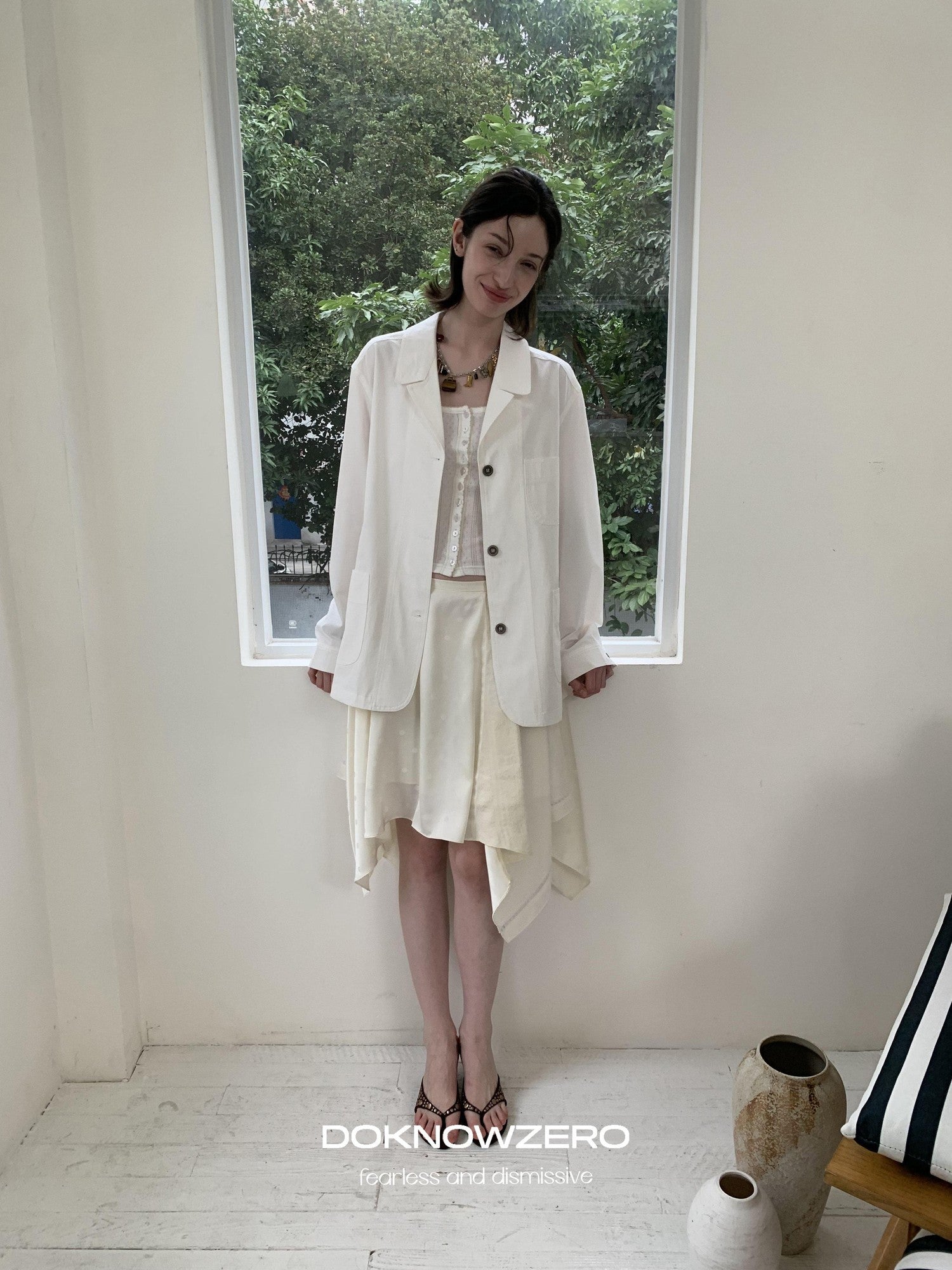 DKZ OFFICIAL White Loose Minimalist Single Breasted Notched Lapel Women&