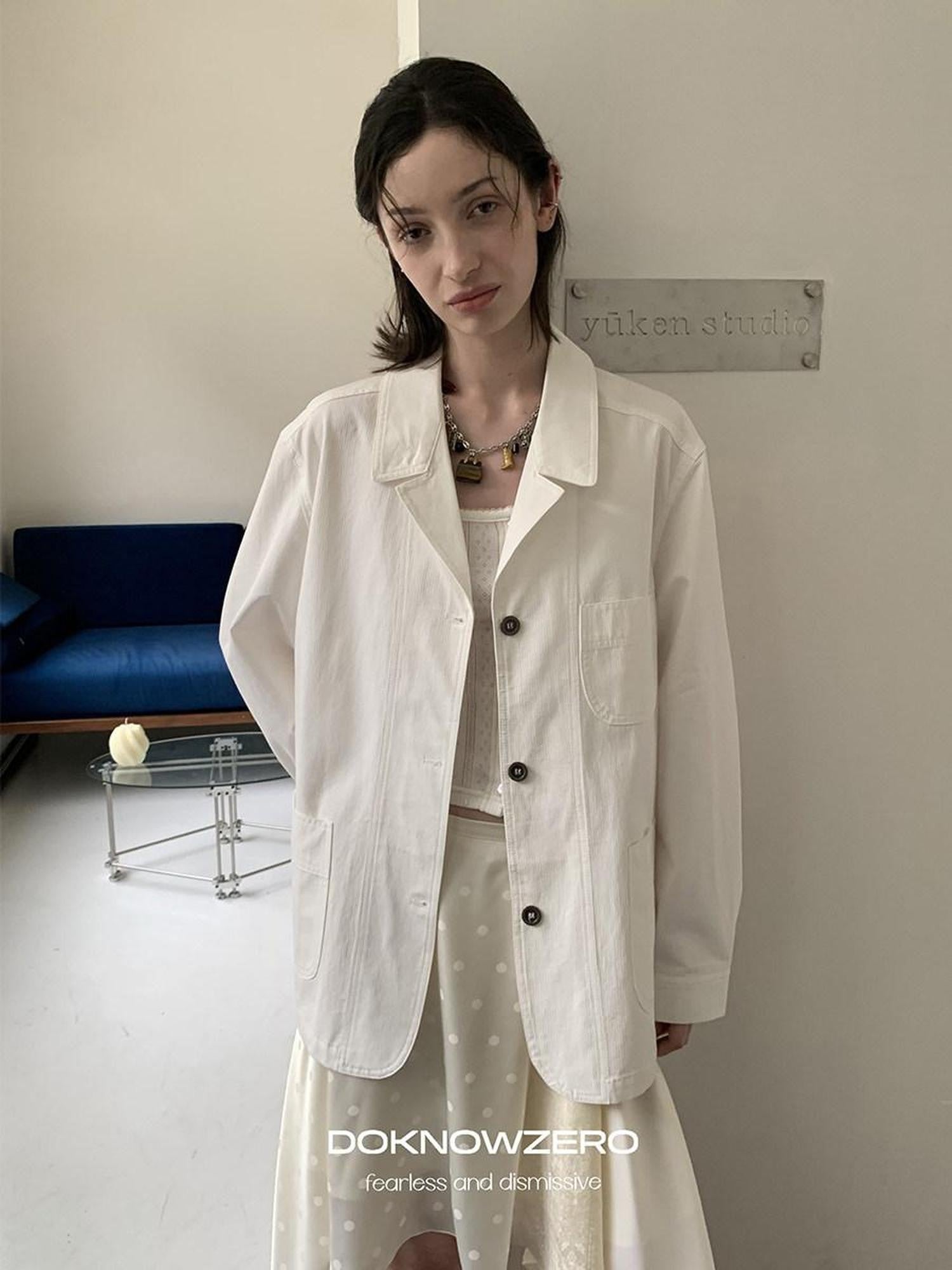 DKZ OFFICIAL White Loose Minimalist Single Breasted Notched Lapel Women&