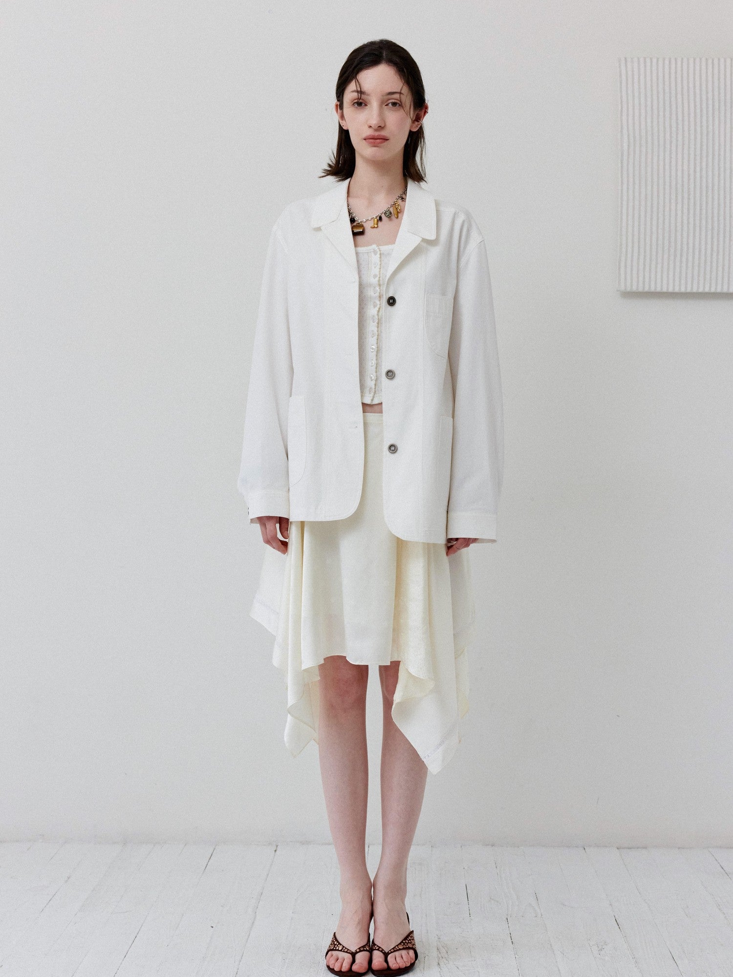 DKZ OFFICIAL White Loose Minimalist Single Breasted Notched Lapel Women&