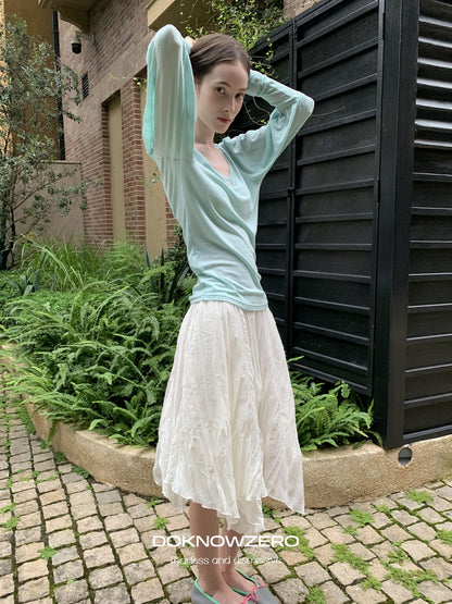DKZ OFFICIAL White Pleated Irregular Hem Mid Waist Loose Women&