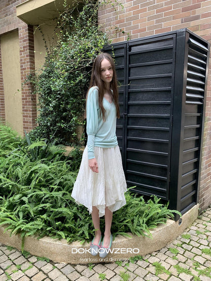DKZ OFFICIAL White Pleated Irregular Hem Mid Waist Loose Women&