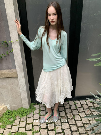 DKZ OFFICIAL White Pleated Irregular Hem Mid Waist Loose Women&