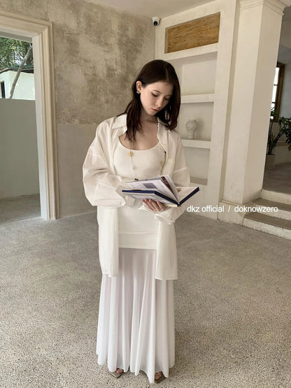 DKZ OFFICIAL White Sleeveless Knitted Slip Dress With Contrast Panels