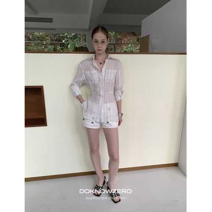 DKZ_OFFICIAL_White_Striped_High_Low_Hem_Waist_Cinched_Long_Sleeve_Women&