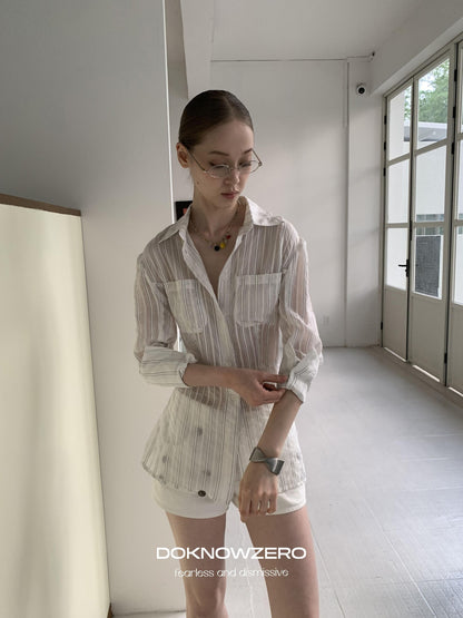 DKZ OFFICIAL White Striped High Low Hem Waist Cinched Long Sleeve Women&