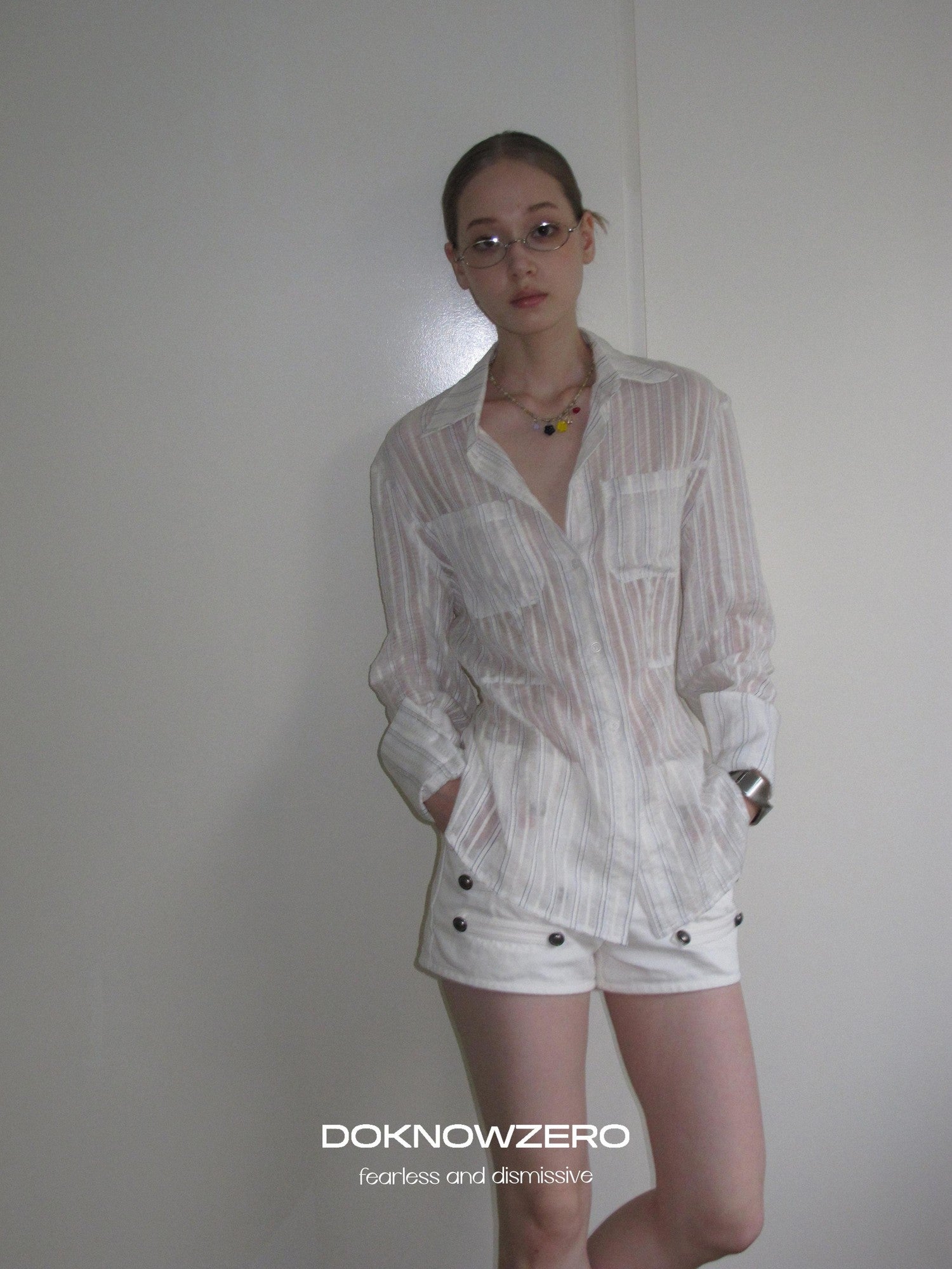 DKZ OFFICIAL White Striped High Low Hem Waist Cinched Long Sleeve Women&
