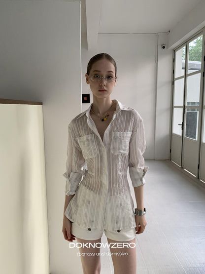 DKZ OFFICIAL White Striped High Low Hem Waist Cinched Long Sleeve Women&