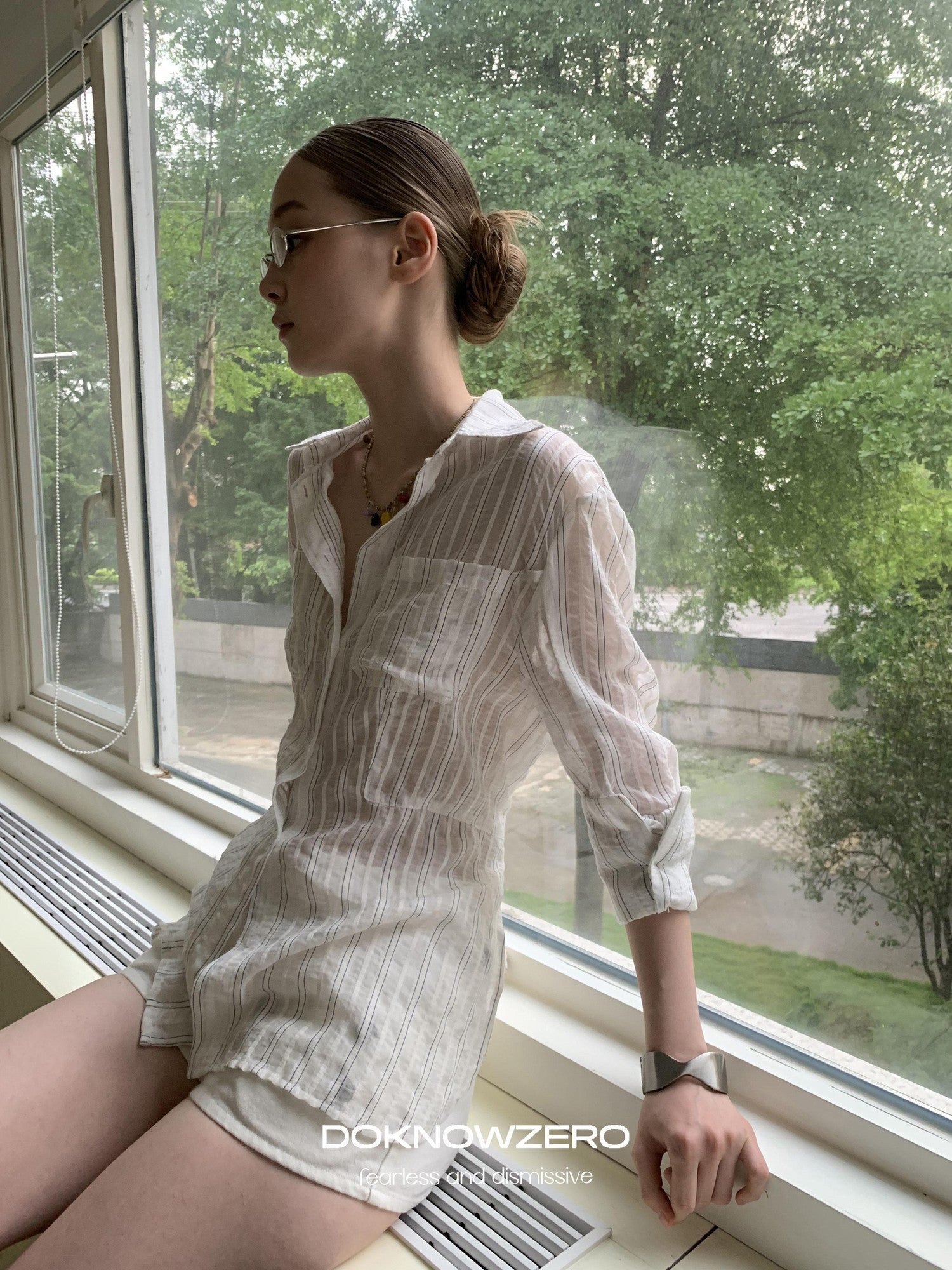 DKZ OFFICIAL White Striped High Low Hem Waist Cinched Long Sleeve Women&