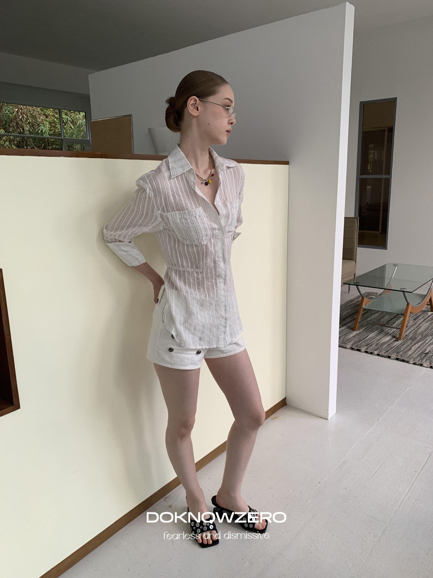 DKZ OFFICIAL White Striped High Low Hem Waist Cinched Long Sleeve Women&