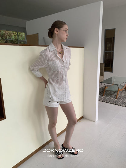 DKZ OFFICIAL White Striped High Low Hem Waist Cinched Long Sleeve Women&