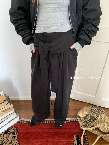DKZ OFFICIAL Wide Leg Trousers With Tie Waist And Drape