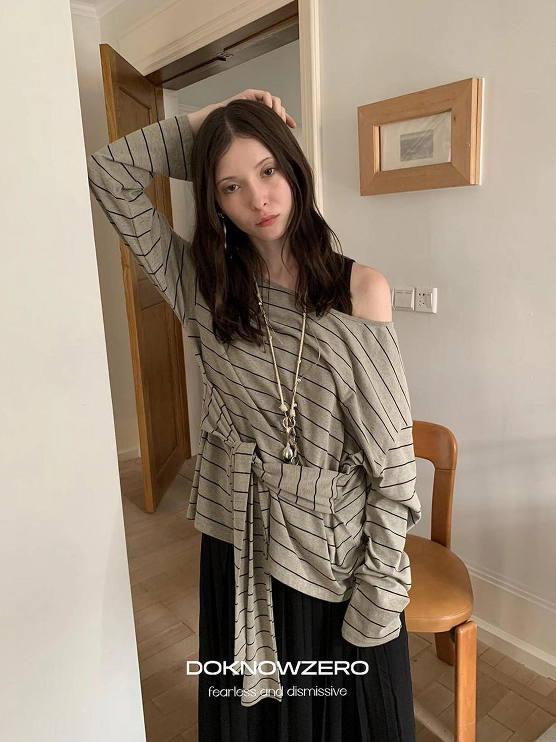 DKZ OFFICIAL Wide Neckline Striped Long Sleeve T-shirt With Tie Detail