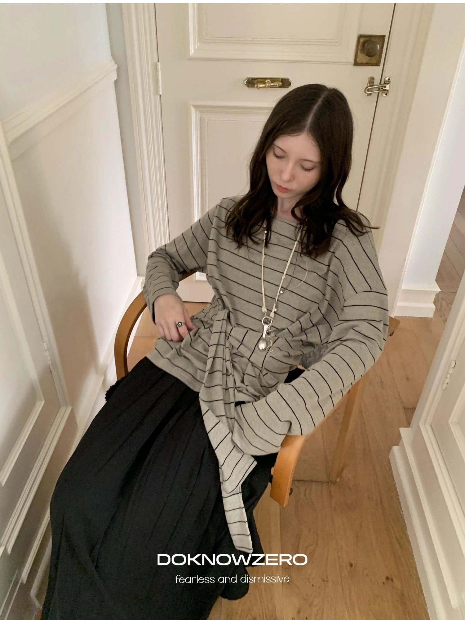 DKZ OFFICIAL Wide Neckline Striped Long Sleeve T-shirt With Tie Detail
