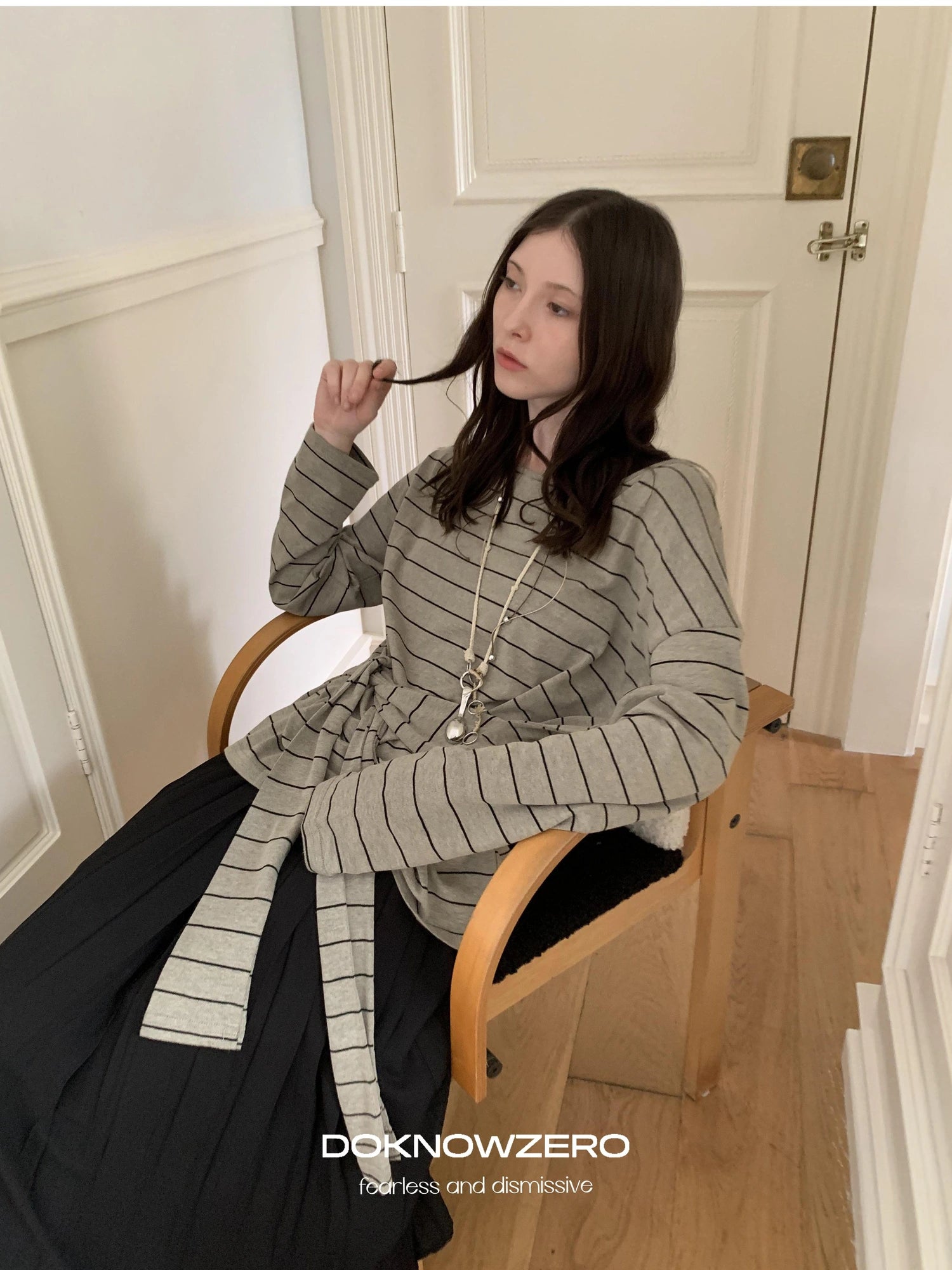 DKZ OFFICIAL Wide Neckline Striped Long Sleeve T-shirt With Tie Detail