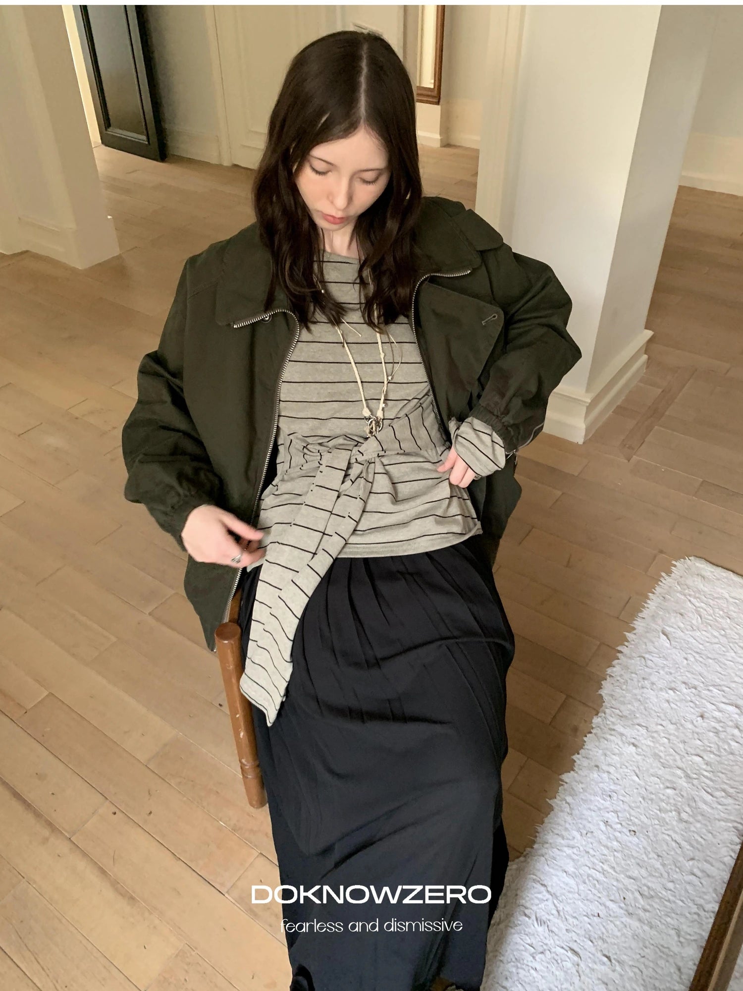 DKZ OFFICIAL Wide Neckline Striped Long Sleeve T-shirt With Tie Detail
