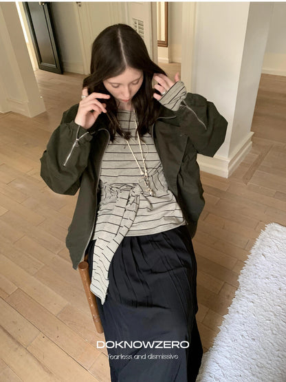 DKZ OFFICIAL Wide Neckline Striped Long Sleeve T-shirt With Tie Detail