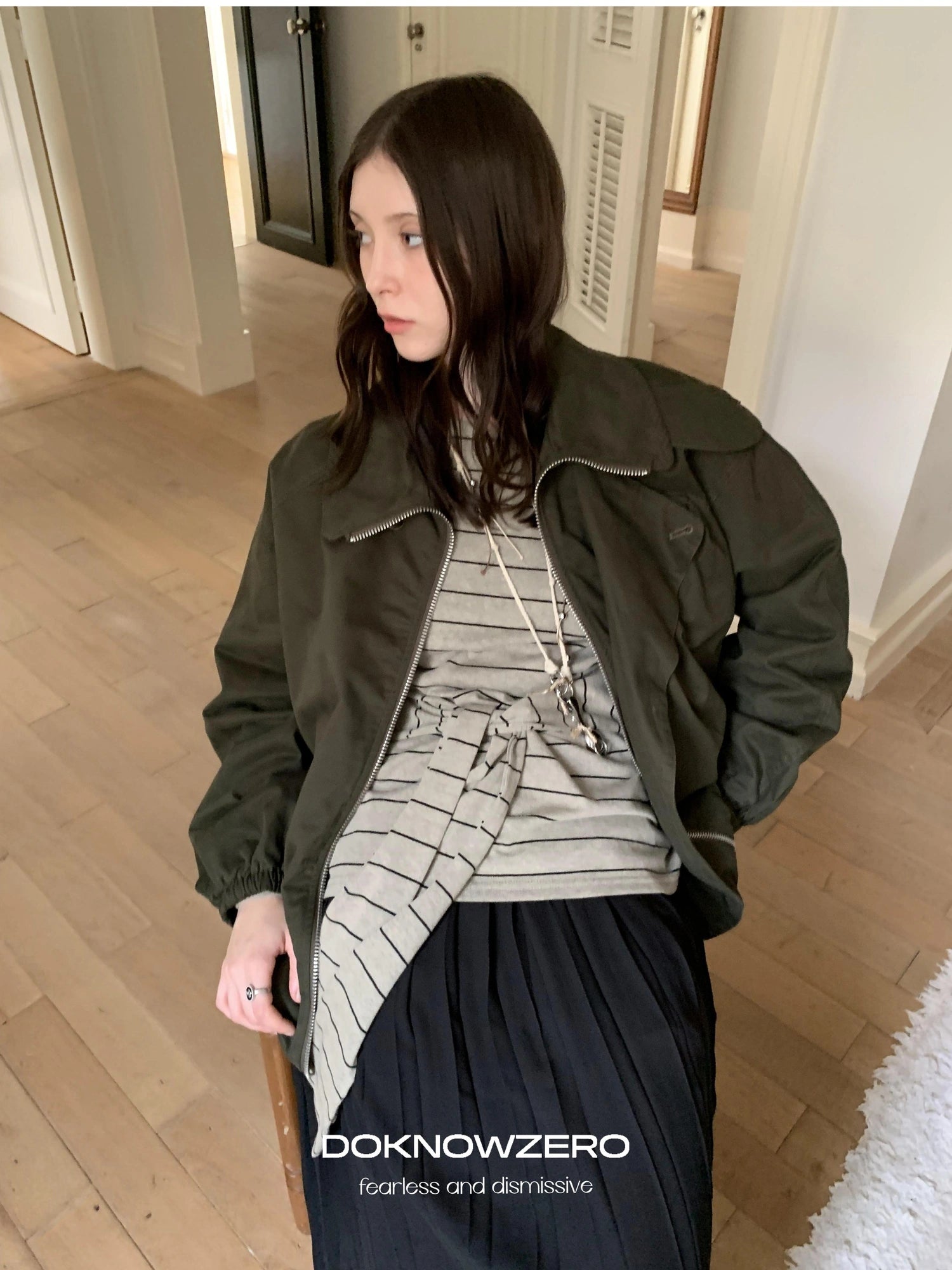 DKZ OFFICIAL Wide Neckline Striped Long Sleeve T-shirt With Tie Detail