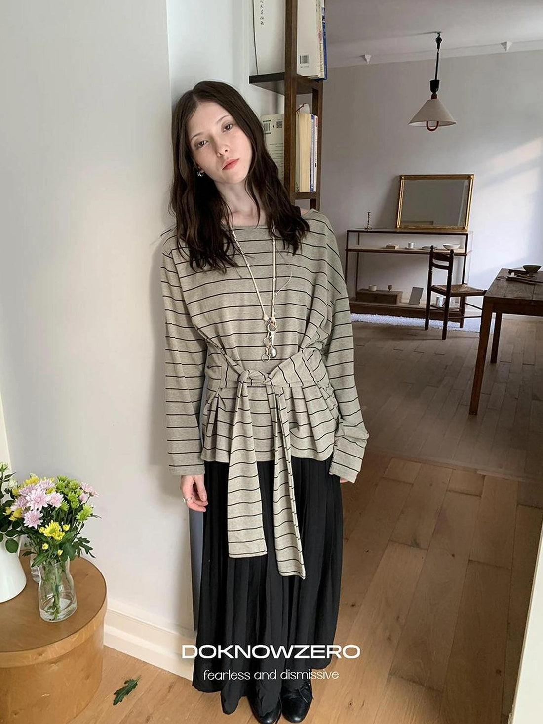 DKZ OFFICIAL Wide Neckline Striped Long Sleeve T-shirt With Tie Detail